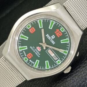 Vintage 1987 Ricoh Automatic Mens Silver Watch W/daydate & Green accents